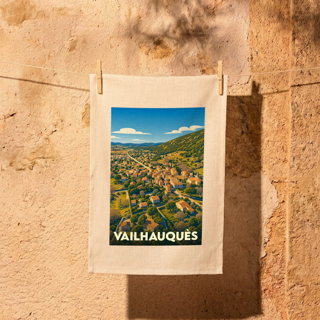 Torchon souvenir de la ville de Vailhauquès avec une illustration stylisée.