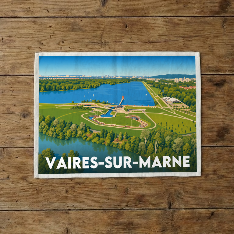Torchon souvenir de la ville de Vaires-sur-Marne avec une illustration stylisée.