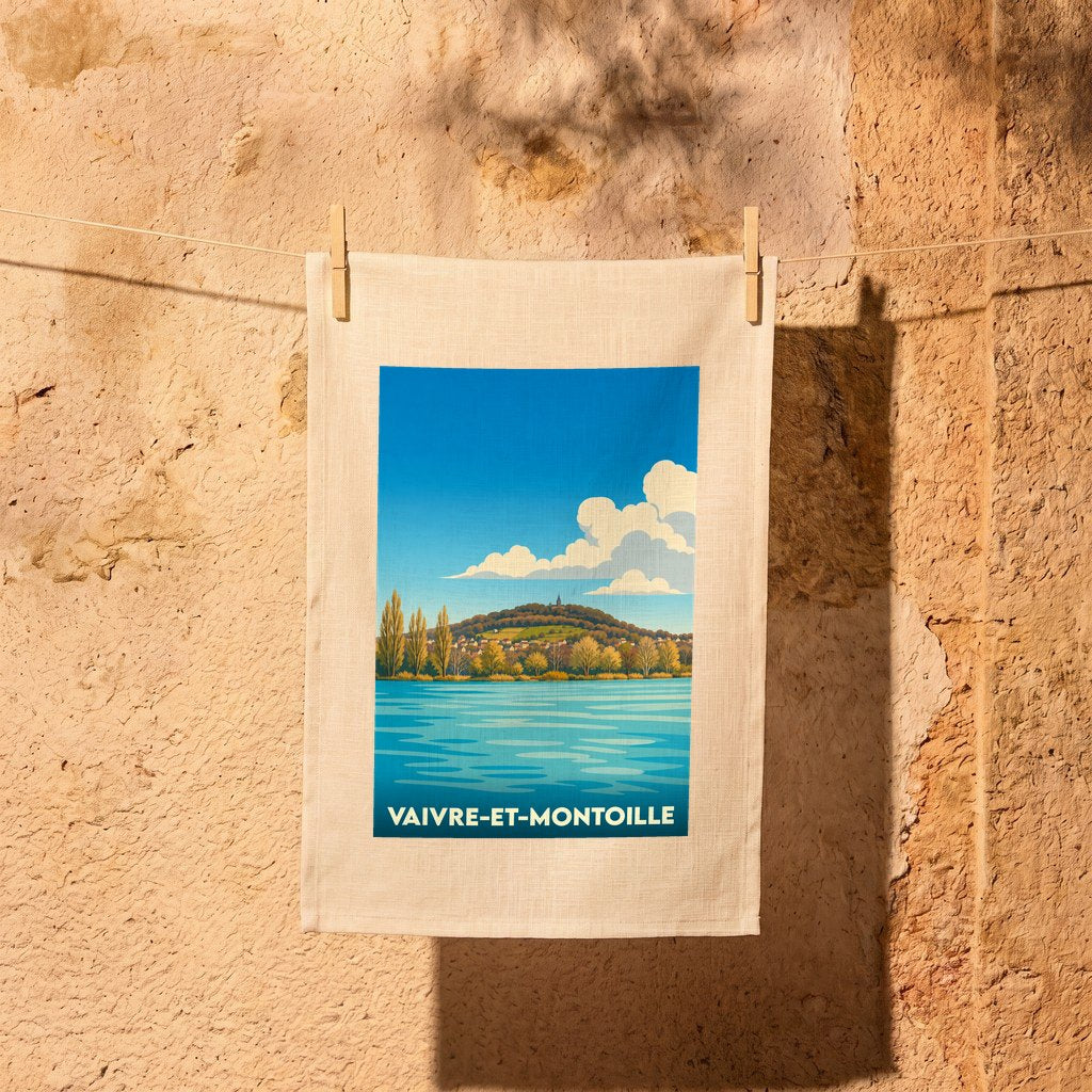 Torchon souvenir de la ville de Vaivre-et-Montoille avec une illustration stylisée de son lac et de ses collines.