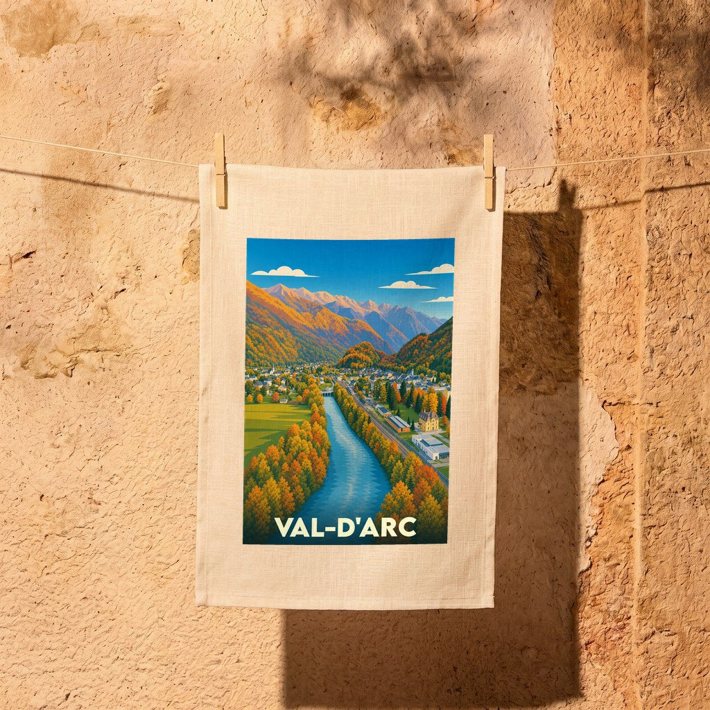 Torchon souvenir de la ville de Val-d'Arc orné d'une illustration paysagère stylisée.