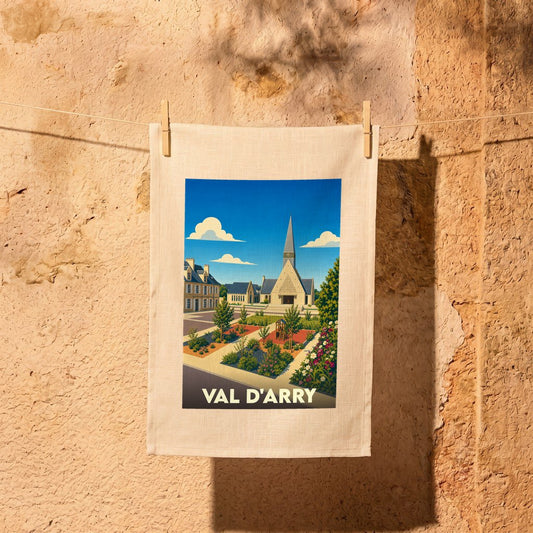 Torchon souvenir de la ville de Val d'Arry avec une illustration stylisée.