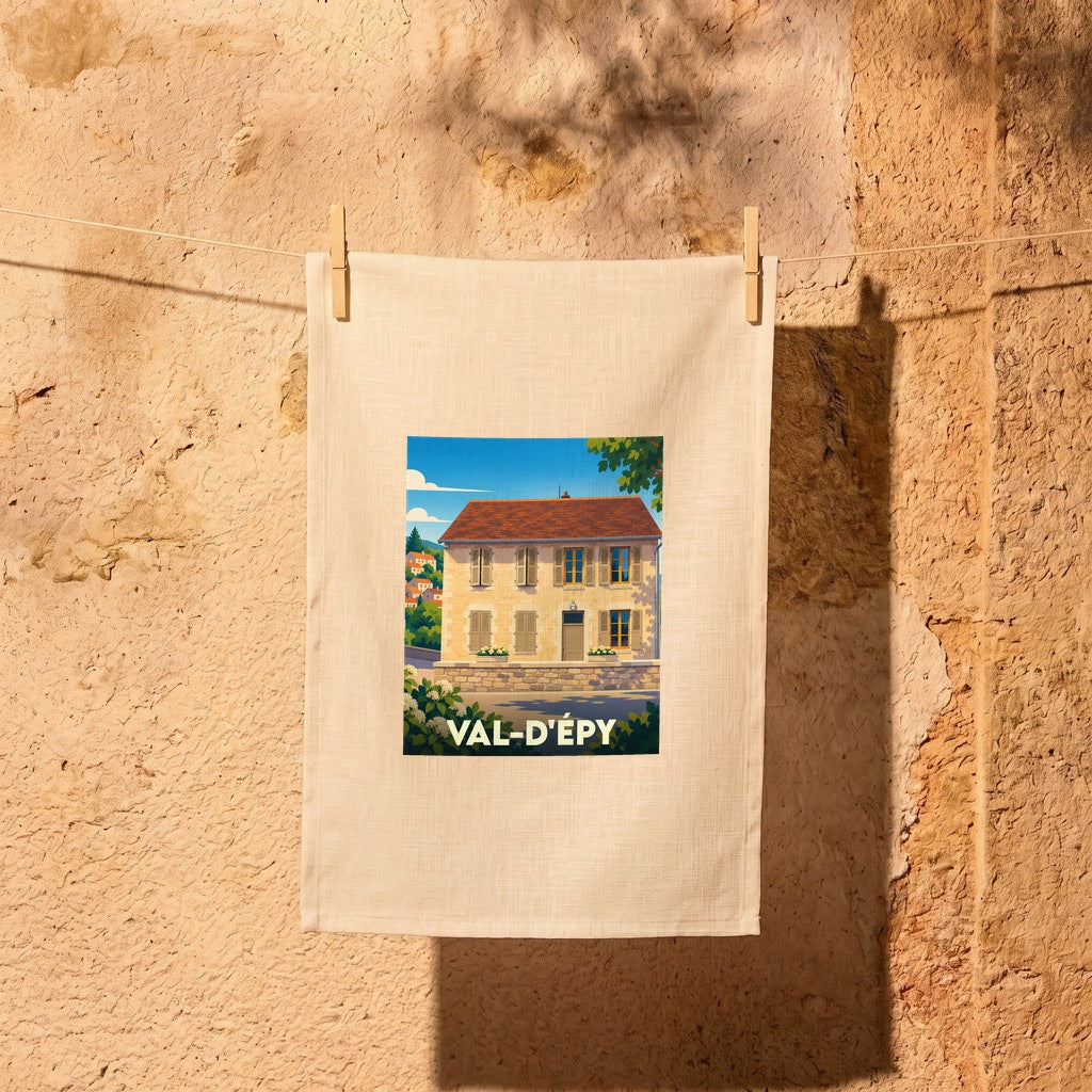 Torchon souvenir de la ville de Val-d'Épy avec une illustration stylisée d'une maison régionale.
