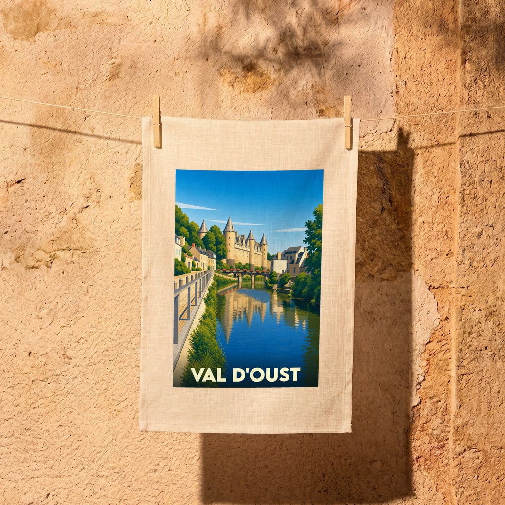 Torchon souvenir de la ville de Val d'Oust avec une illustration stylisée d'un château au bord de l'eau.