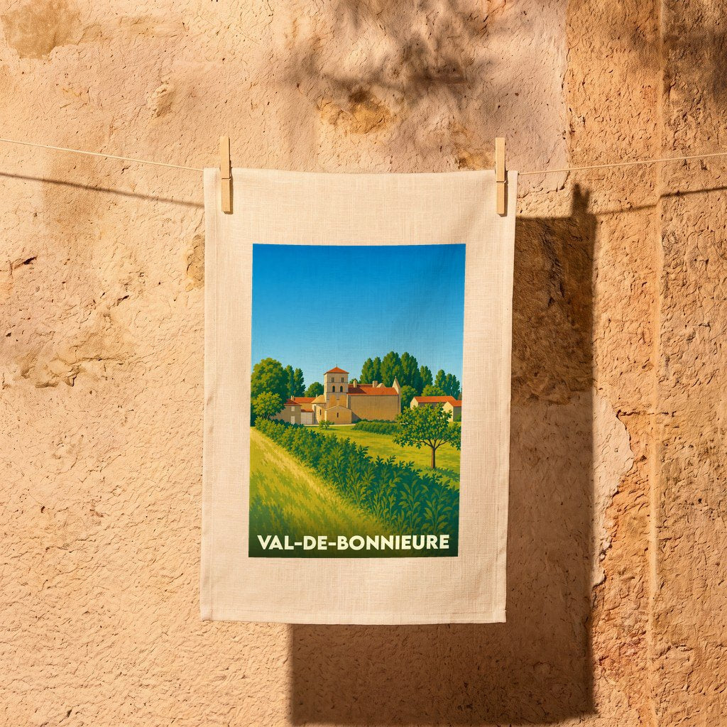 Torchon souvenir de Val-de-Bonnieure orné d'une illustration bucolique stylisée.
