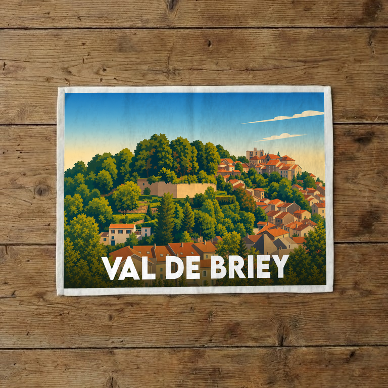 Torchon souvenir de la ville de Val de Briey avec une illustration stylisée d'un paysage urbain vallonné.