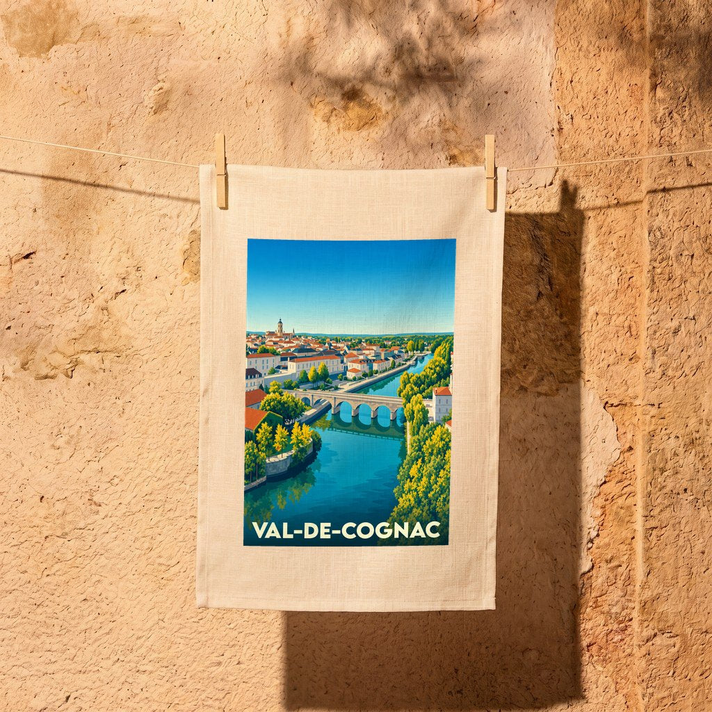 Torchon souvenir de la ville de Val-de-Cognac avec une illustration stylisée d'un pont enjambant une rivière.