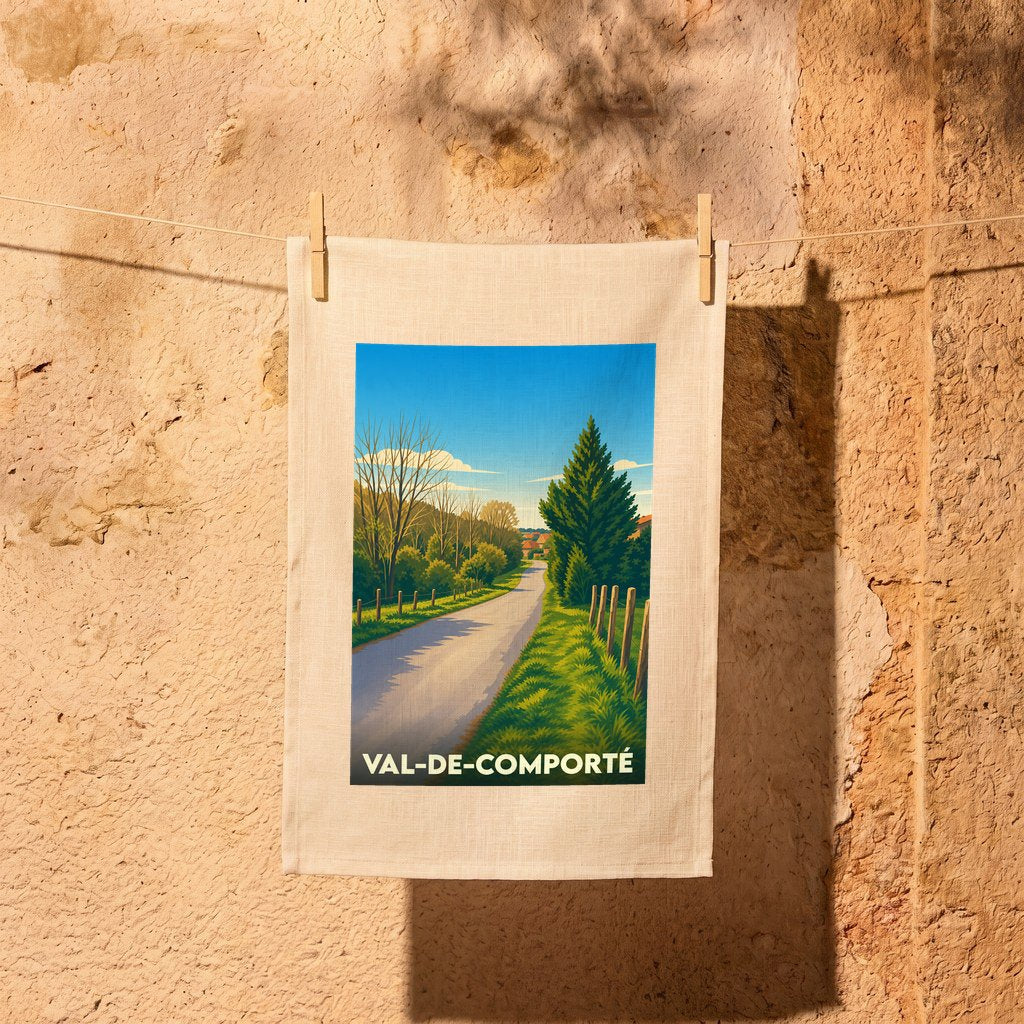 Torchon souvenir de la ville de Val-de-Comporté orné d'une illustration de paysage champêtre.