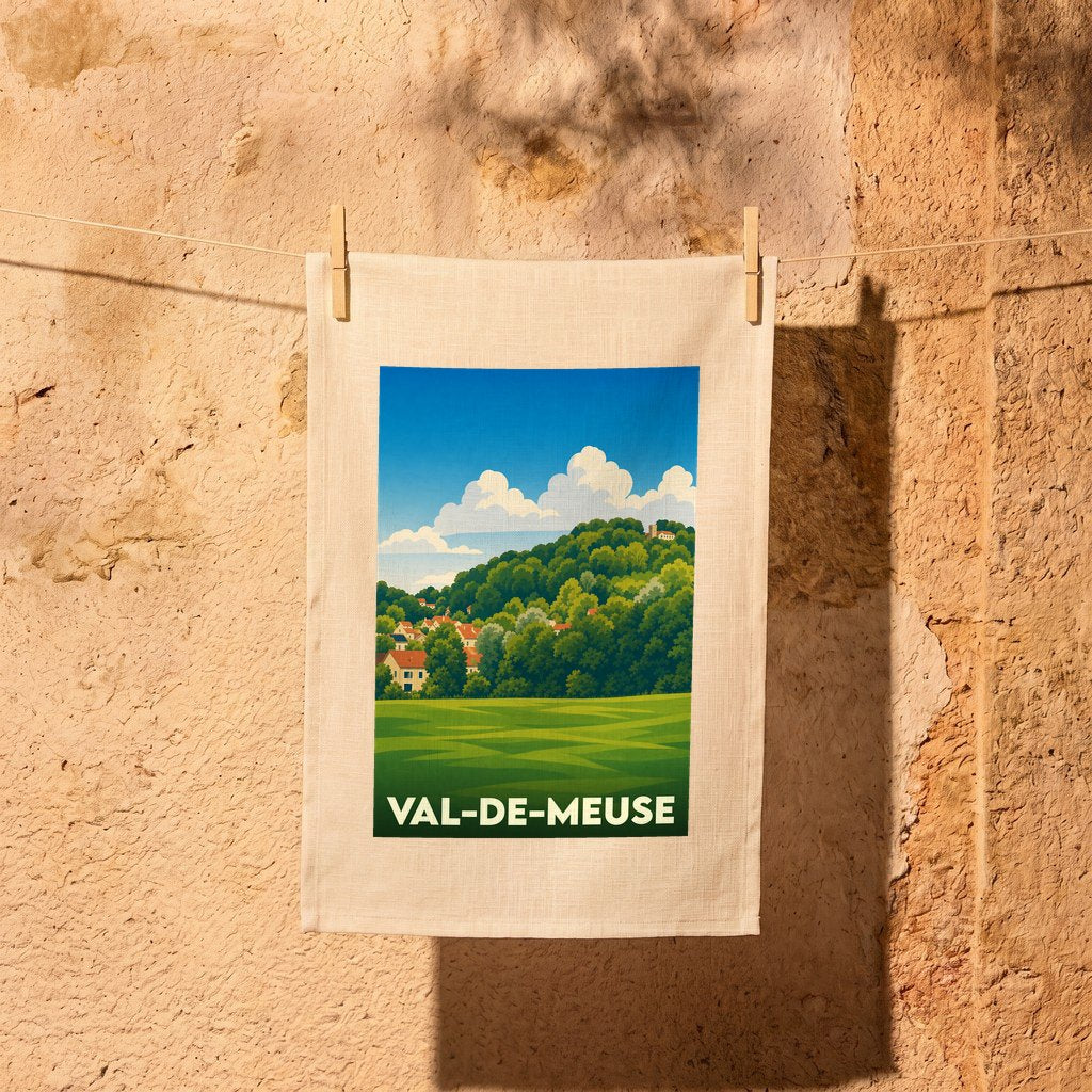Torchon souvenir de la ville de Val-de-Meuse avec une illustration stylisée de paysages vallonnés.
