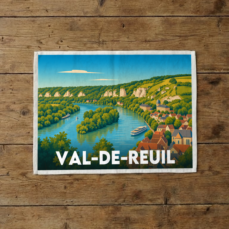 Torchon souvenir de la ville de Val-de-Reuil avec une illustration stylisée.