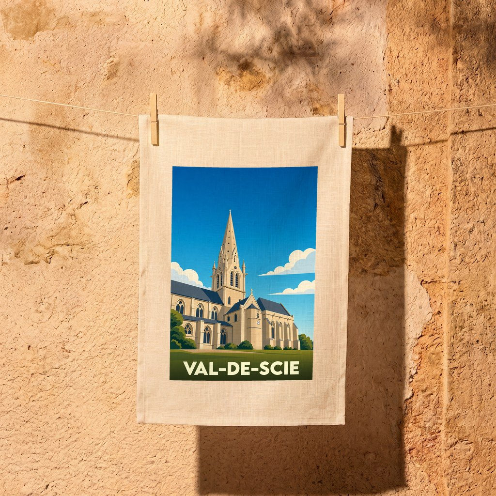Torchon souvenir de la ville de Val-de-Scie illustré d'une église de style néo-gothique sous un ciel bleu.