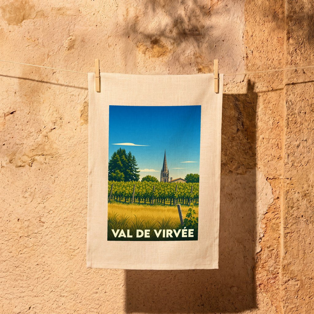 Torchon souvenir de la ville de Val de Virvée avec une illustration stylisée de son paysage et de son clocher.