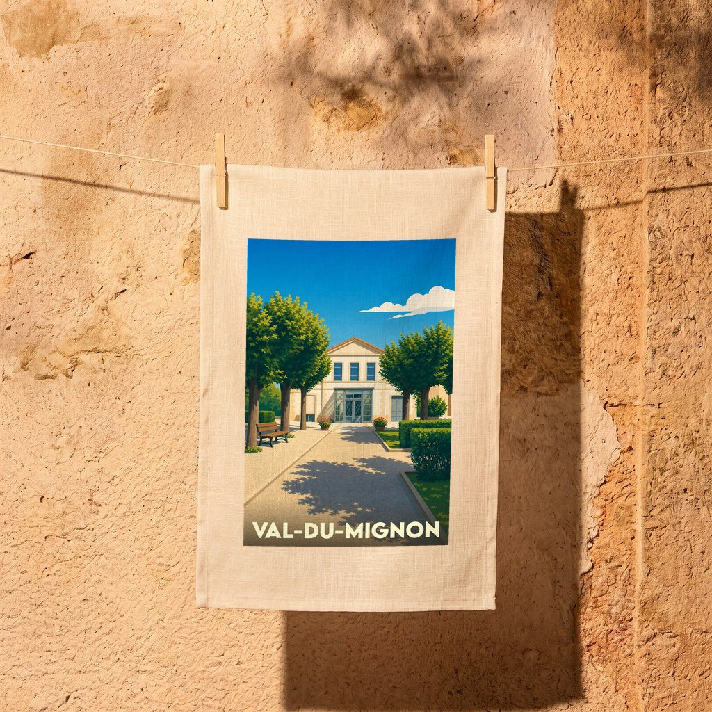 Torchon souvenir de la ville de Val-du-Mignon avec une illustration stylisée.