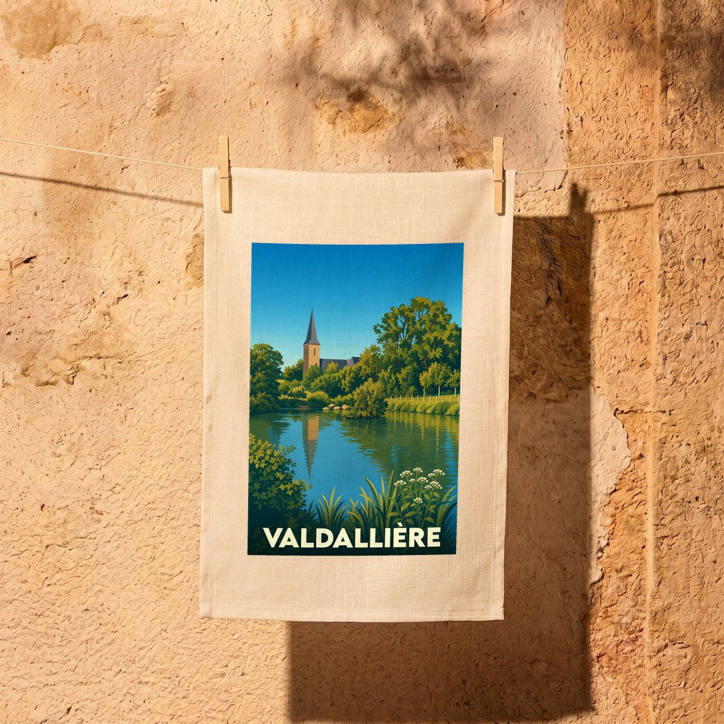 Torchon souvenir de la ville de Valdallière avec une illustration stylisée représentant un paysage lacustre et son clocher.