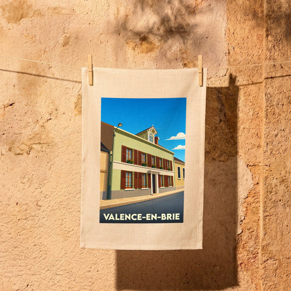Torchon souvenir de la ville de Valence-en-Brie avec une illustration stylisée d'une maison traditionnelle.