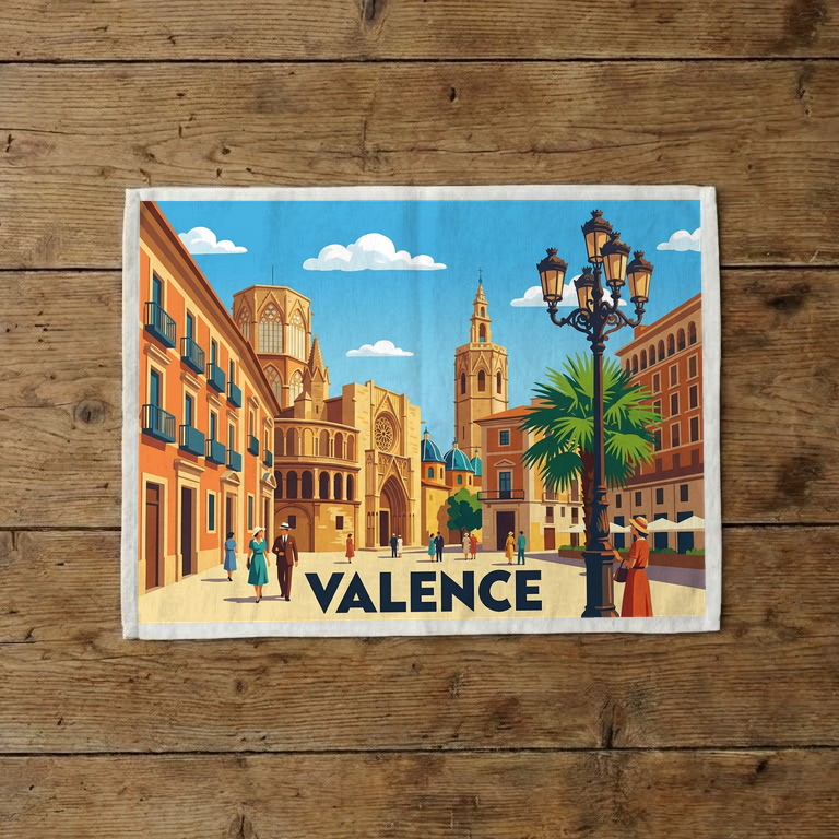Torchon souvenir de la ville de Valence avec une illustration stylisée de son architecture historique.