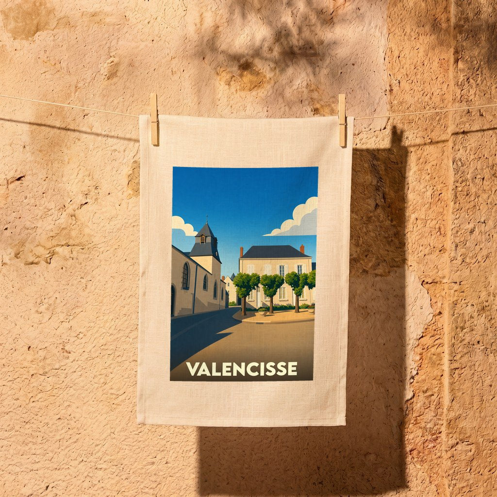 Torchon souvenir de la ville de Valencisse avec une illustration stylisée.
