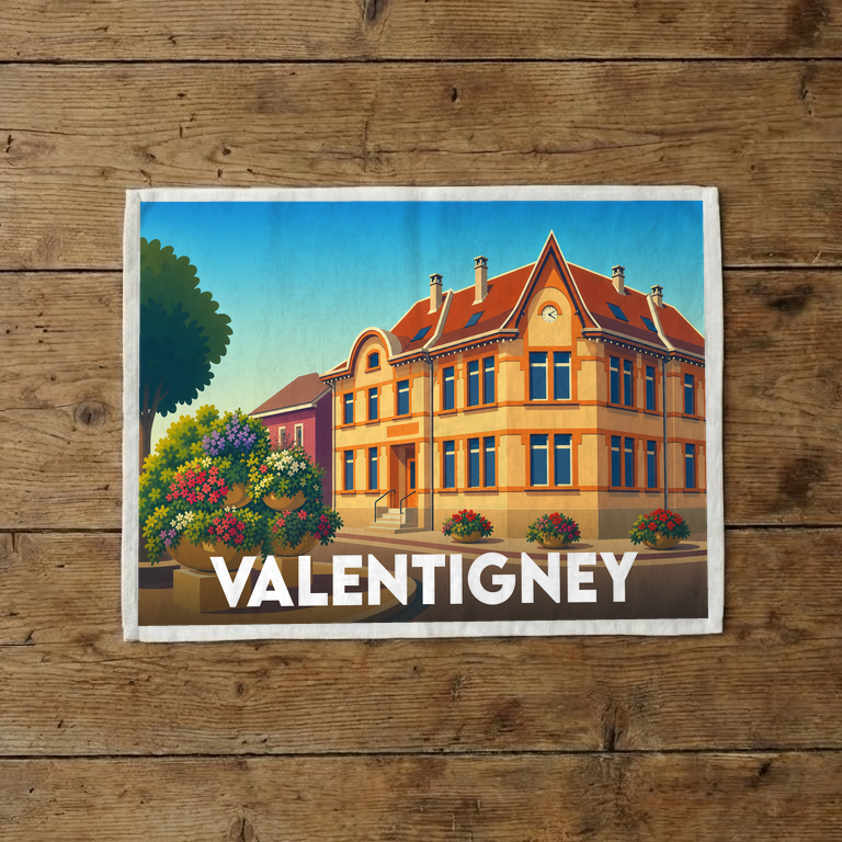 Torchon souvenir de la ville de Valentigney avec une illustration colorée et stylisée d'un bâtiment emblématique.