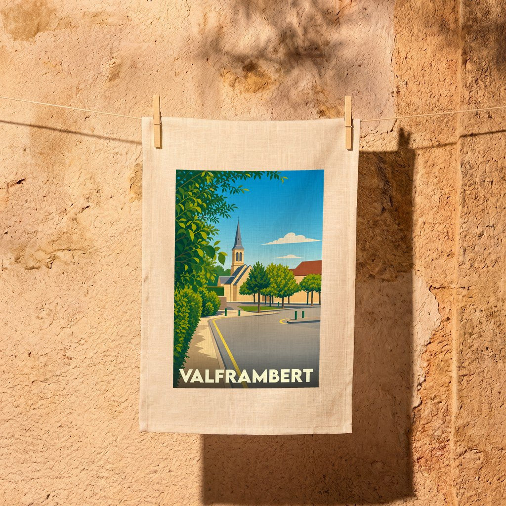 Torchon souvenir de la ville de Valframbert avec une illustration stylisée d'un paysage urbain.