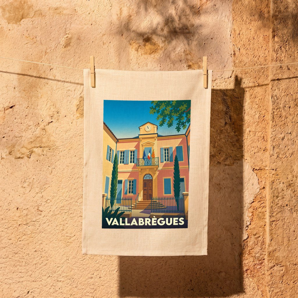 Torchon souvenir de la ville de Vallabrègues avec une illustration stylisée de son hôtel de ville.