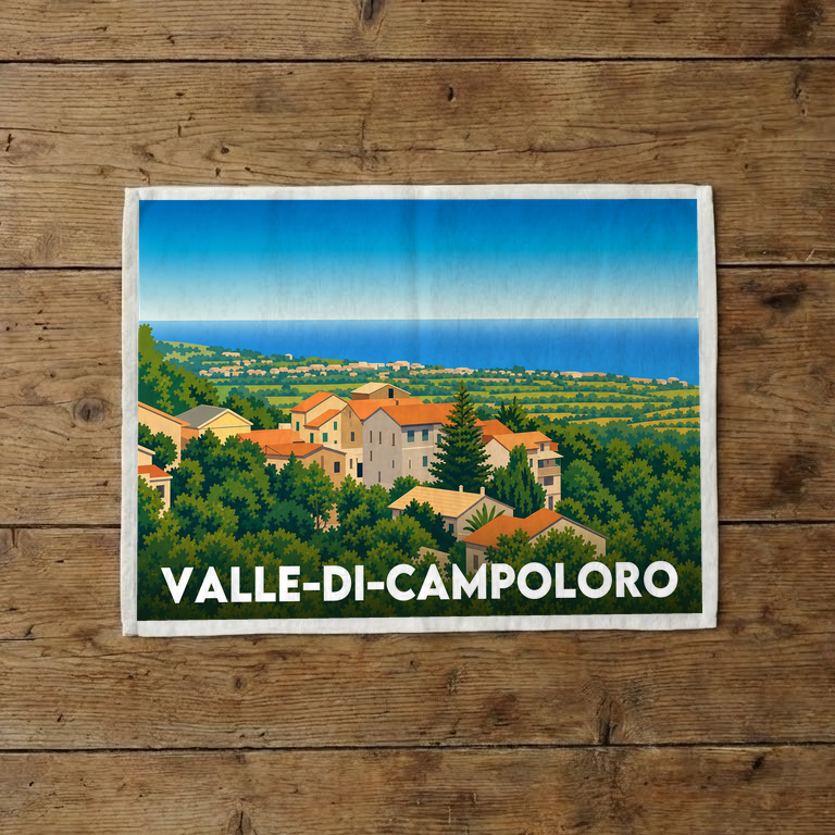 Torchon souvenir de la ville de Valle-di-Campoloro avec une illustration stylisée.