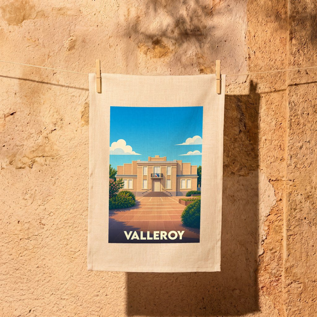 Torchon souvenir de la ville de Valleroy avec une illustration stylisée de sa mairie.