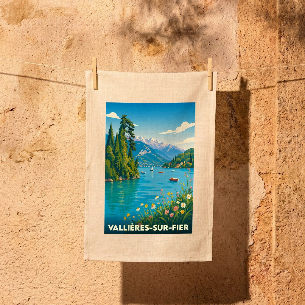 Torchon souvenir de la ville de Vallières-sur-Fier avec une illustration de paysage de montagne et de lac.