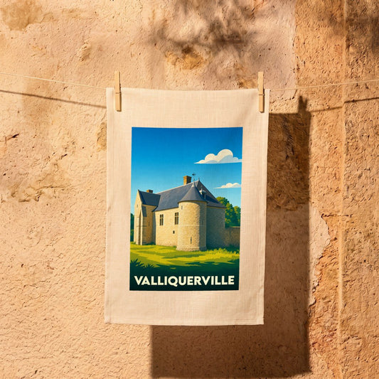 Torchon souvenir de la ville de Valliquerville avec une illustration stylisée d'un château.