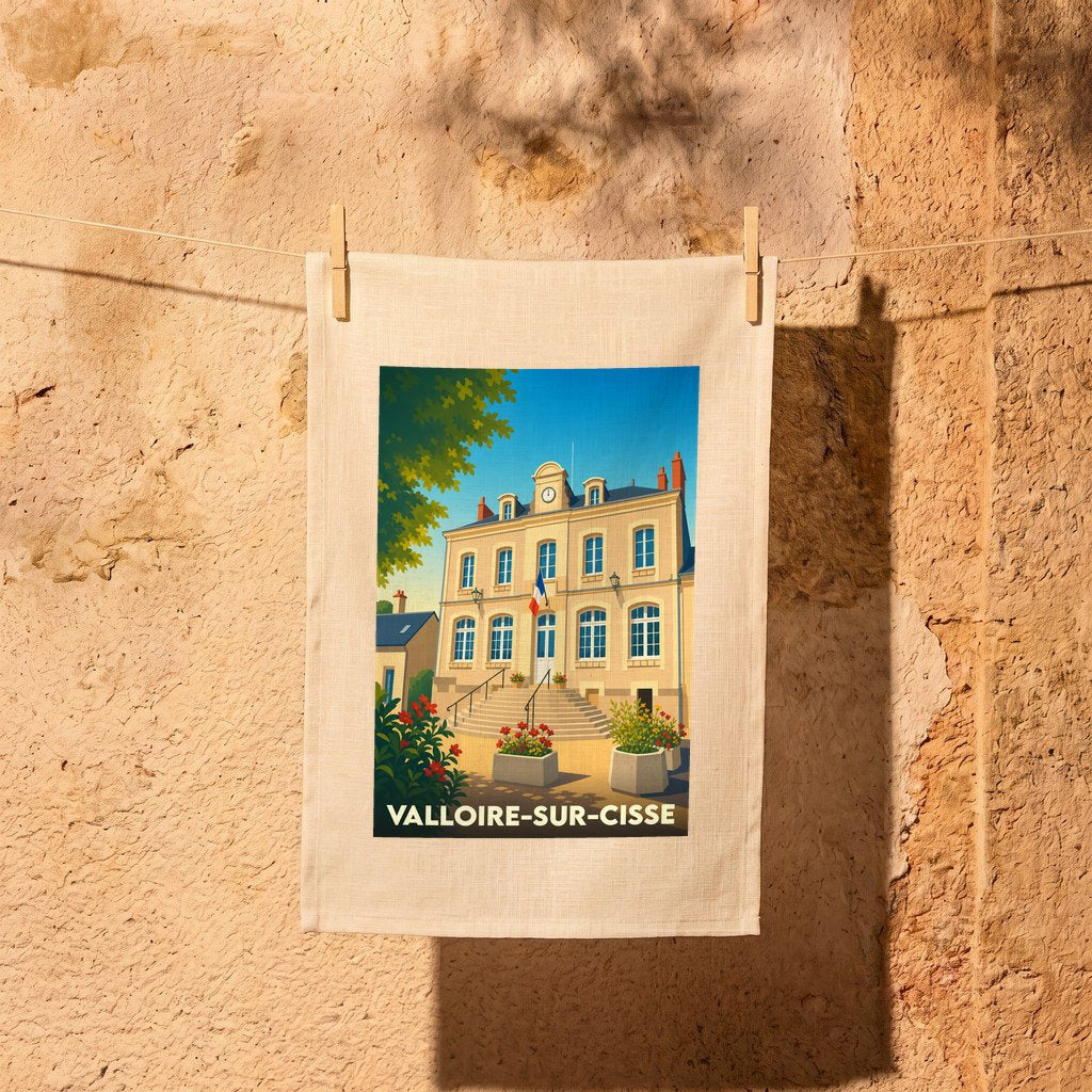 Torchon souvenir de la ville de Valloire-sur-Cisse avec une illustration stylisée de sa mairie.