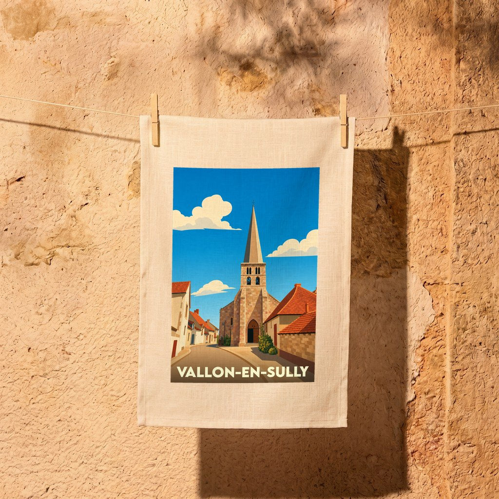 Torchon souvenir de la ville de Vallon-en-Sully avec une illustration stylisée de son église et de ses ruelles.