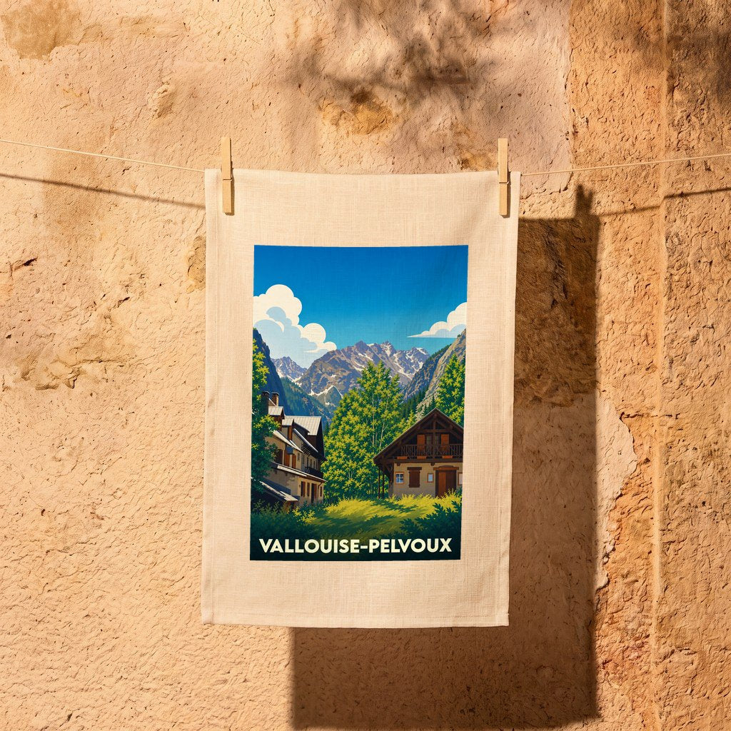 Torchon souvenir de la ville de Vallouise-Pelvoux avec une illustration stylisée de paysages montagneux.