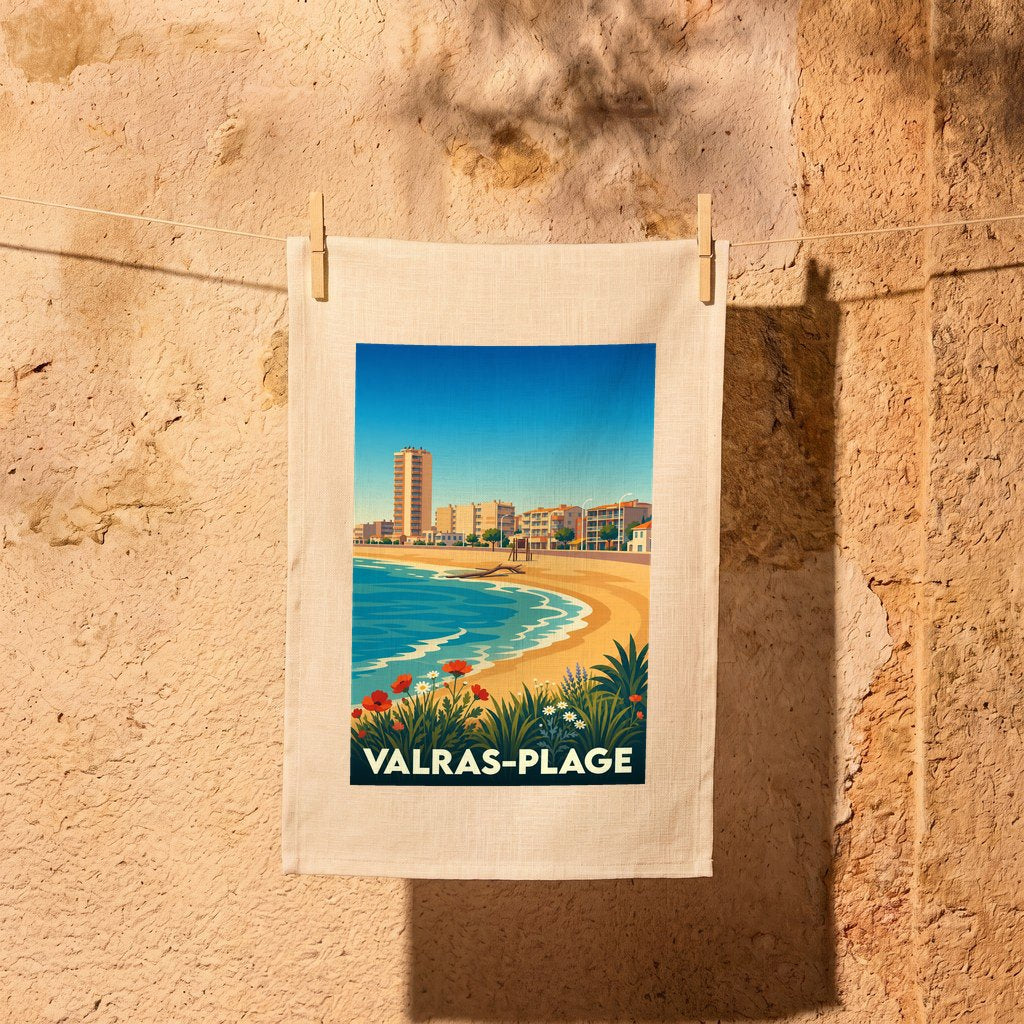 Torchon souvenir de Valras-Plage orné d'une illustration stylisée de son front de mer.