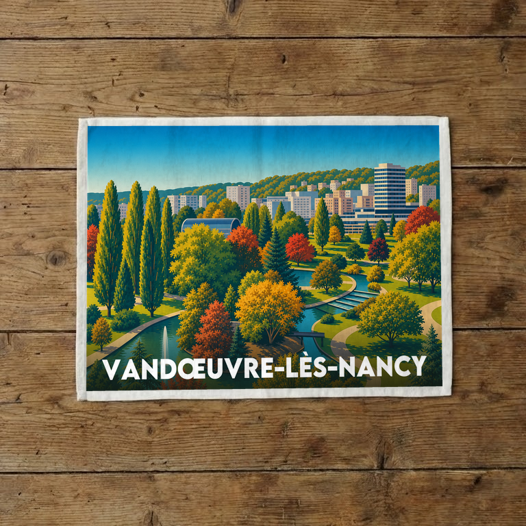 Torchon souvenir de la ville de Vandœuvre-lès-Nancy avec une illustration stylisée d'un parc arboré et de son architecture urbaine.