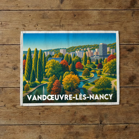 Torchon souvenir de la ville de Vandœuvre-lès-Nancy avec une illustration stylisée d'un parc arboré et de son architecture urbaine.