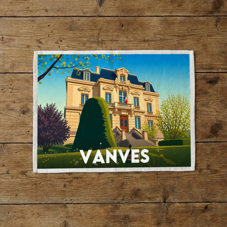 Torchon souvenir de la ville de Vanves illustrant l'hôtel de ville dans un style rétro et coloré.