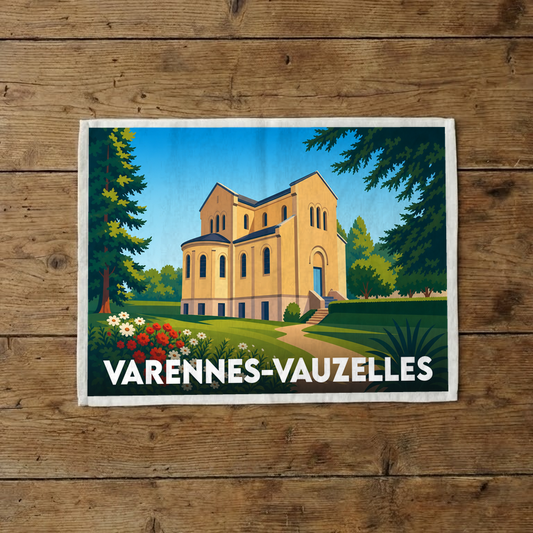 Torchon souvenir de la ville de Varennes-Vauzelles avec une illustration stylisée de l'église Notre-Dame-de-l'Orme.