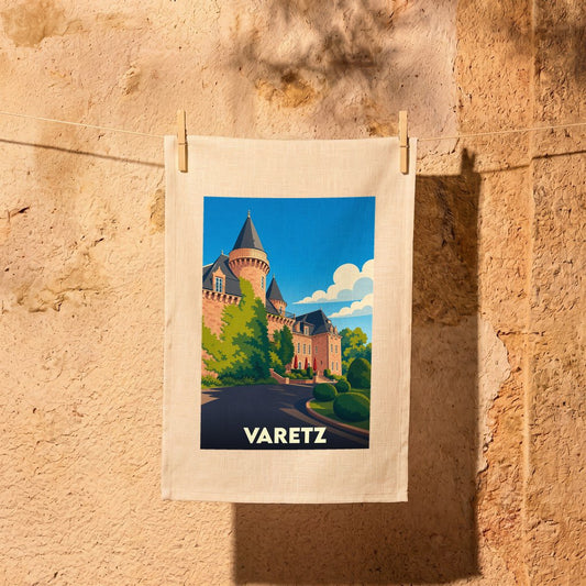 Torchon souvenir de la ville de Varetz illustré par un dessin stylisé de son château.