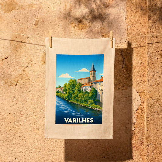Torchon souvenir de la ville de Varilhes avec une illustration stylisée.