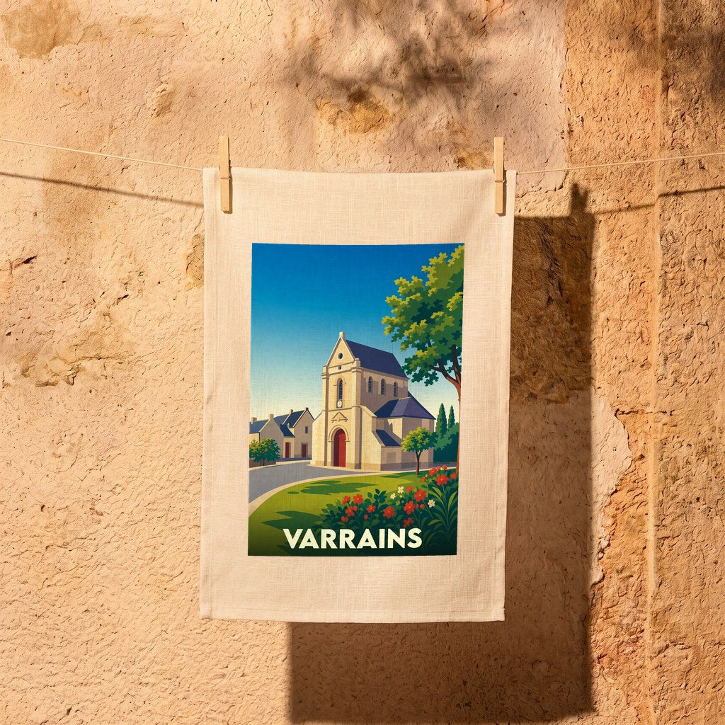 Torchon souvenir de la ville de Varrains illustré d'un dessin stylisé de son église.