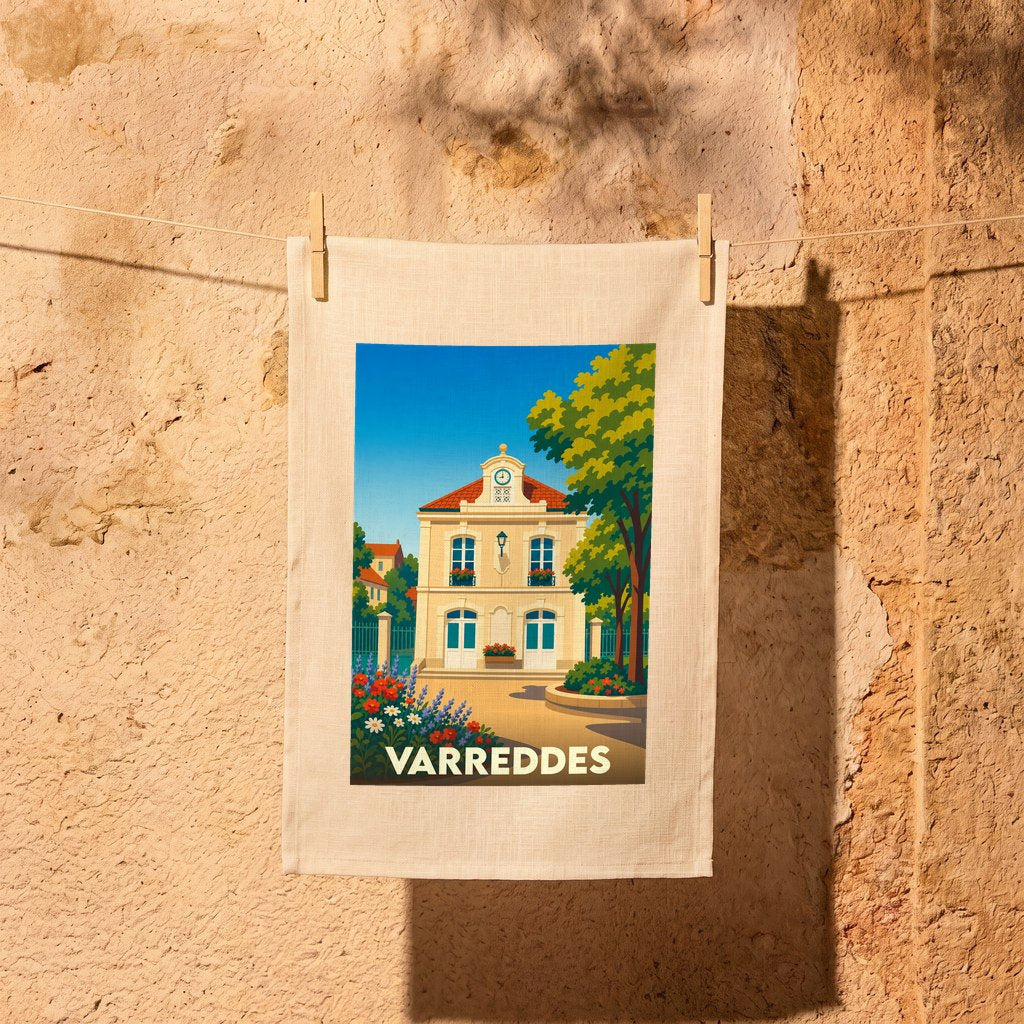 Torchon souvenir de la ville de Varreddes avec une illustration stylisée de son hôtel de ville.