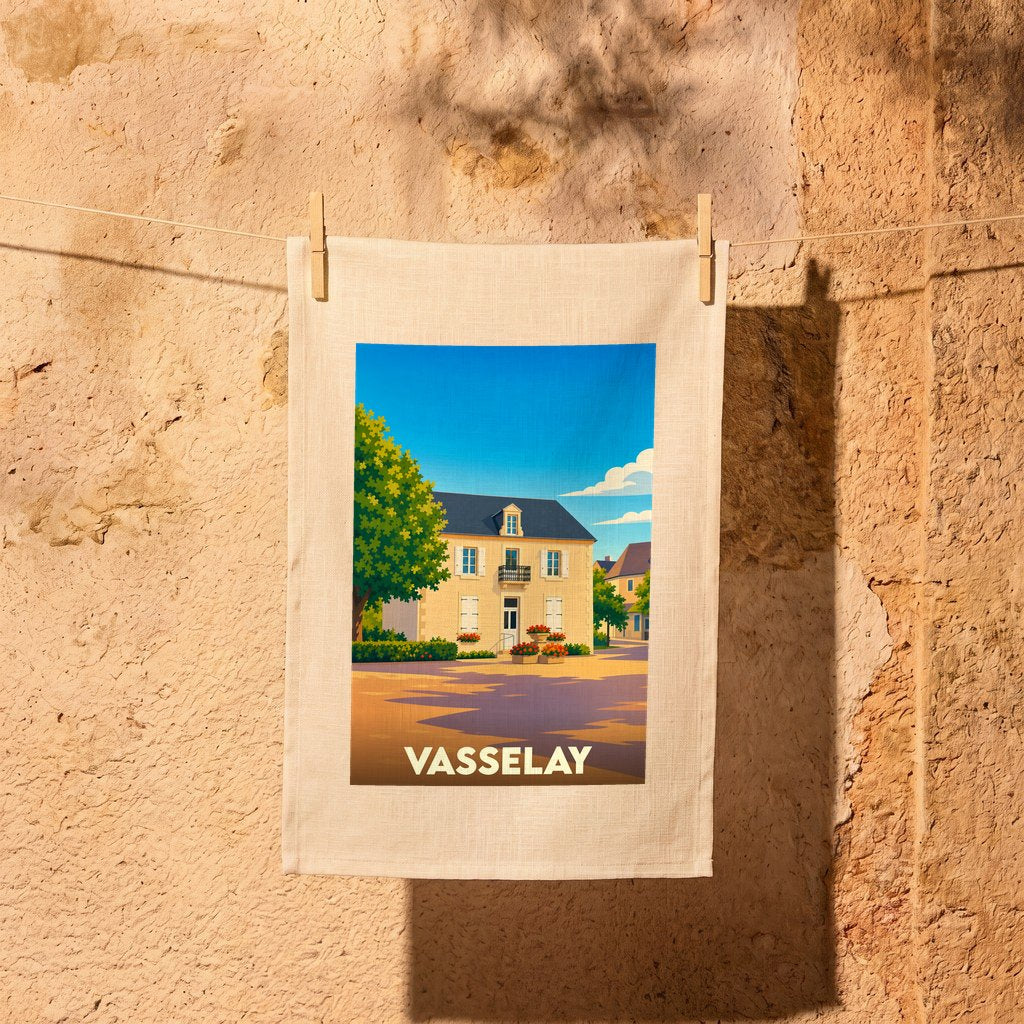 Torchon souvenir de la ville de Vasselay illustré par une scène de village stylisée.