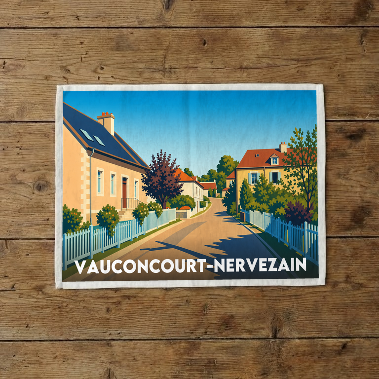 Torchon souvenir de Vauconcourt-Nervezain avec une illustration stylisée du village.