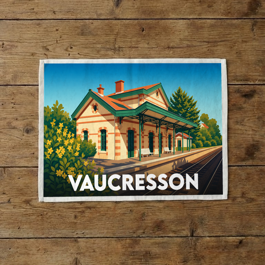Torchon souvenir de la ville de Vaucresson avec une illustration stylisée de sa gare ferroviaire.