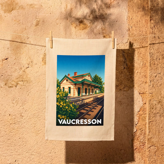 Torchon souvenir de la ville de Vaucresson avec une illustration stylisée de sa gare ferroviaire.