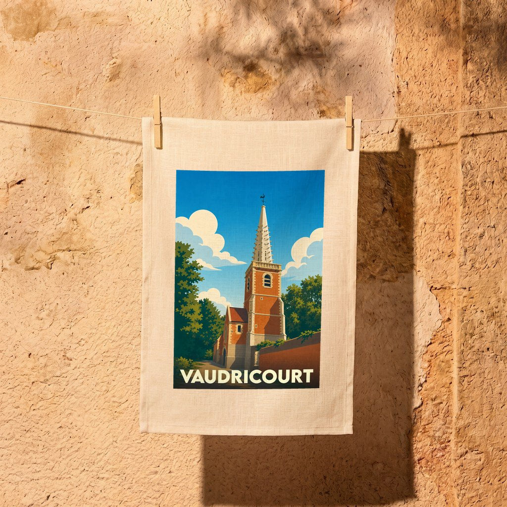 Torchon souvenir de la ville de Vaudricourt illustrant son église dans un style vintage.