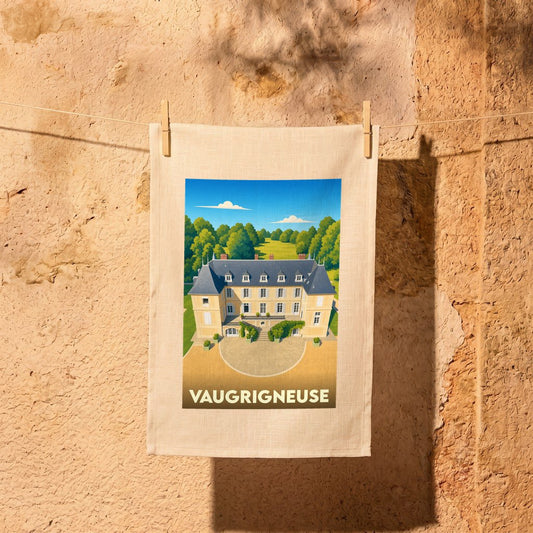 Torchon souvenir de la ville de Vaugrigneuse illustrant son château dans un style épuré.