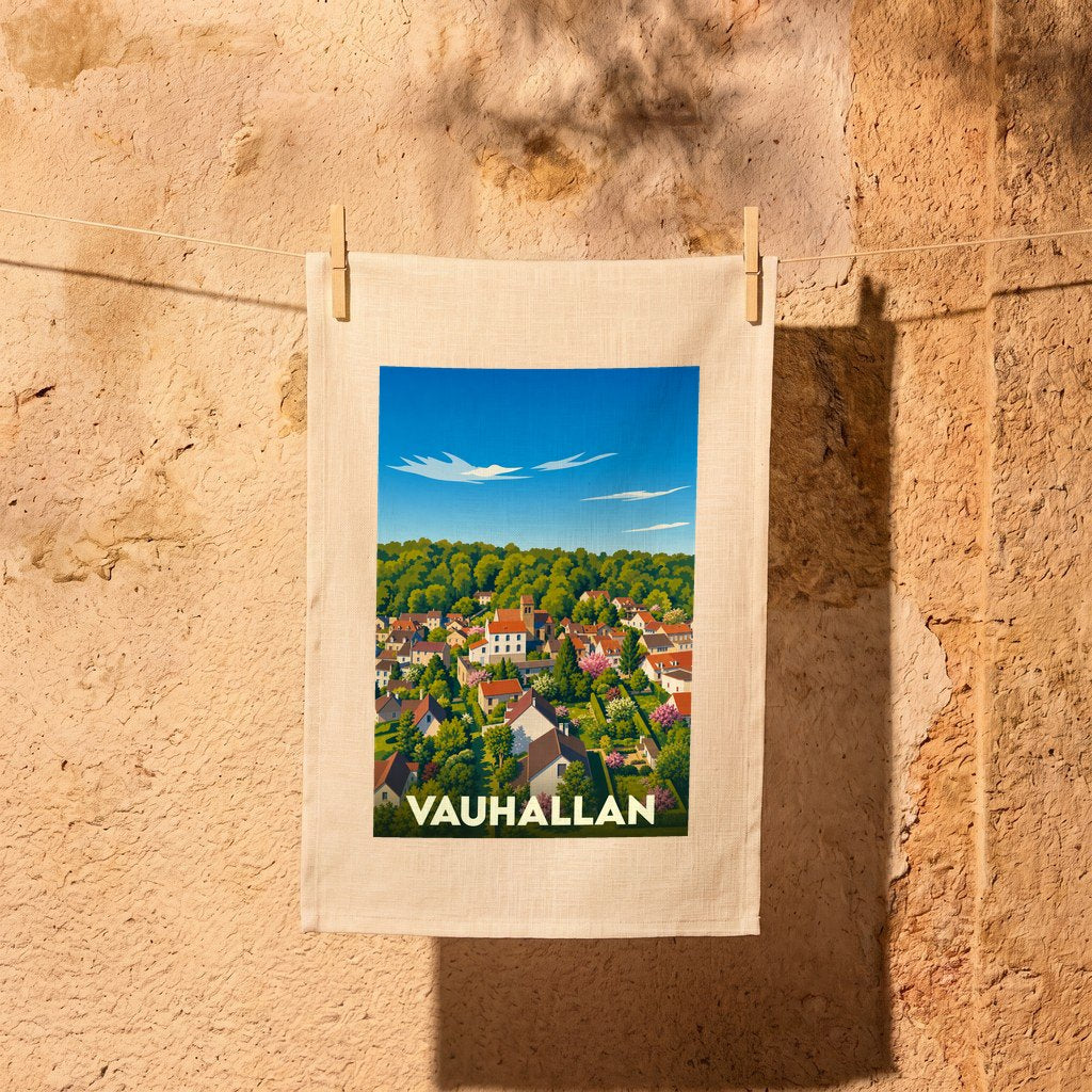 Torchon souvenir de la ville de Vauhallan illustré d'une vue panoramique stylisée et colorée.
