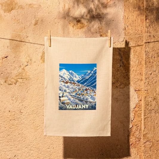 Torchon souvenir de la ville de Vaujany avec une illustration hivernale stylisée de la station.