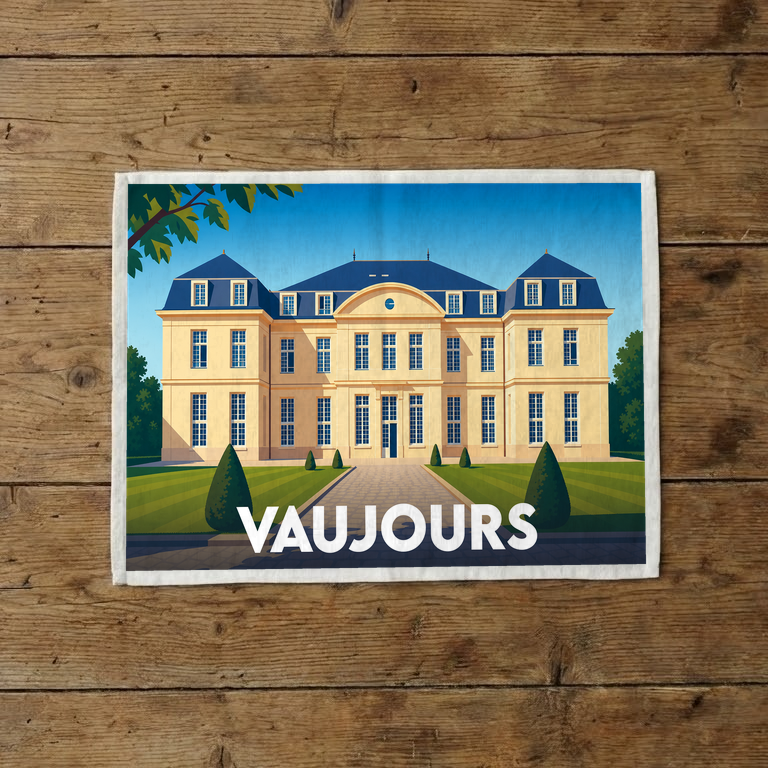 Torchon souvenir de la ville de Vaujours avec une illustration stylisée d'un château.