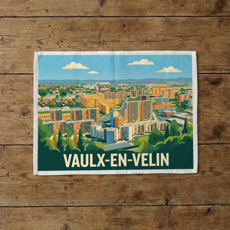 Torchon souvenir de la ville de Vaulx-en-Velin avec une illustration urbaine stylisée.