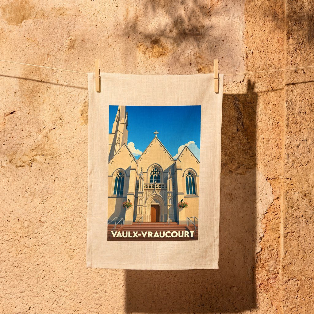 Torchon souvenir de la ville de Vaulx-Vraucourt avec une illustration stylisée de son église.